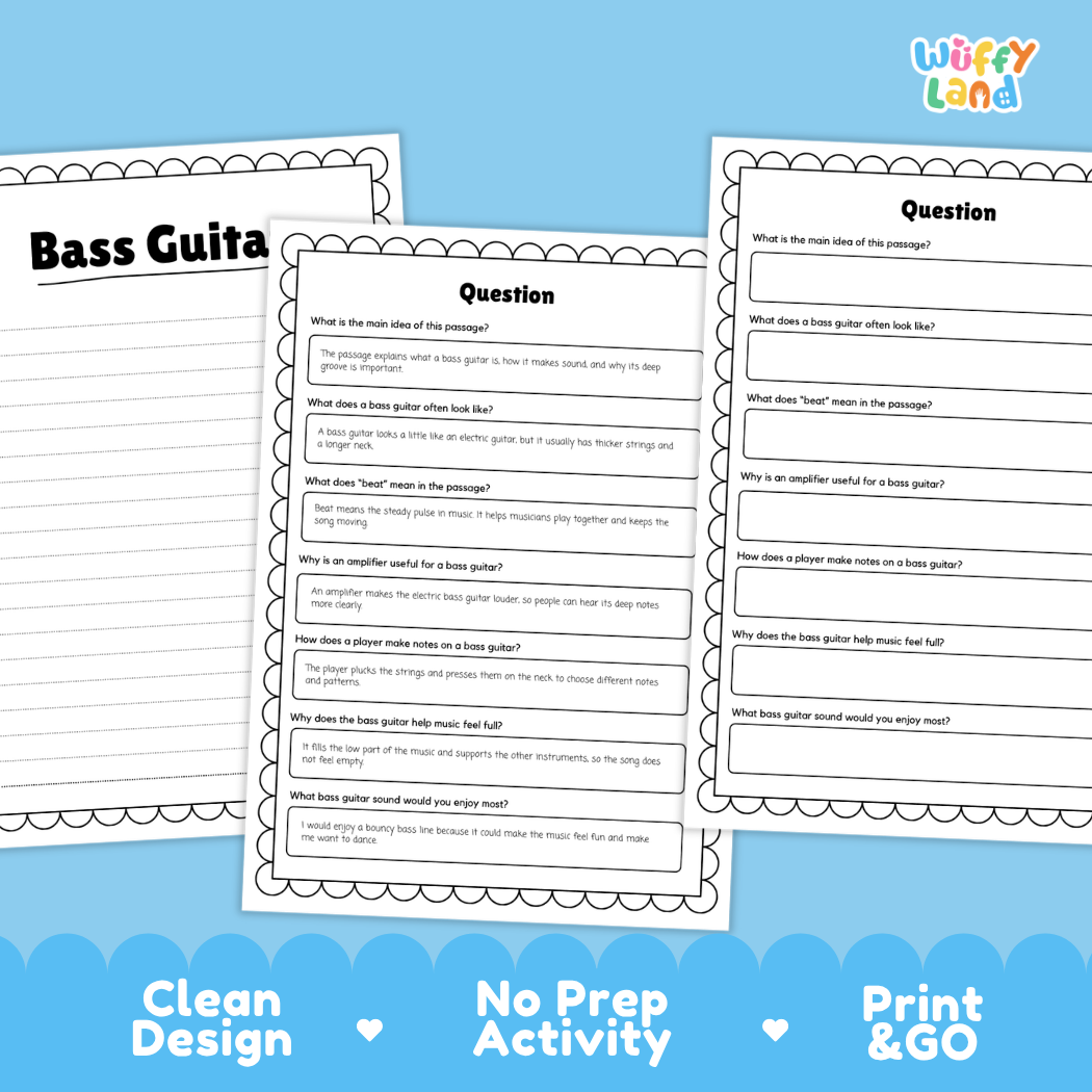 Informational reading passage page detailing the bass guitar instrument thick strings amplifier bass lines and care with photos