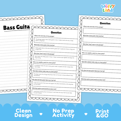 Informational reading passage page detailing the bass guitar instrument thick strings amplifier bass lines and care with photos