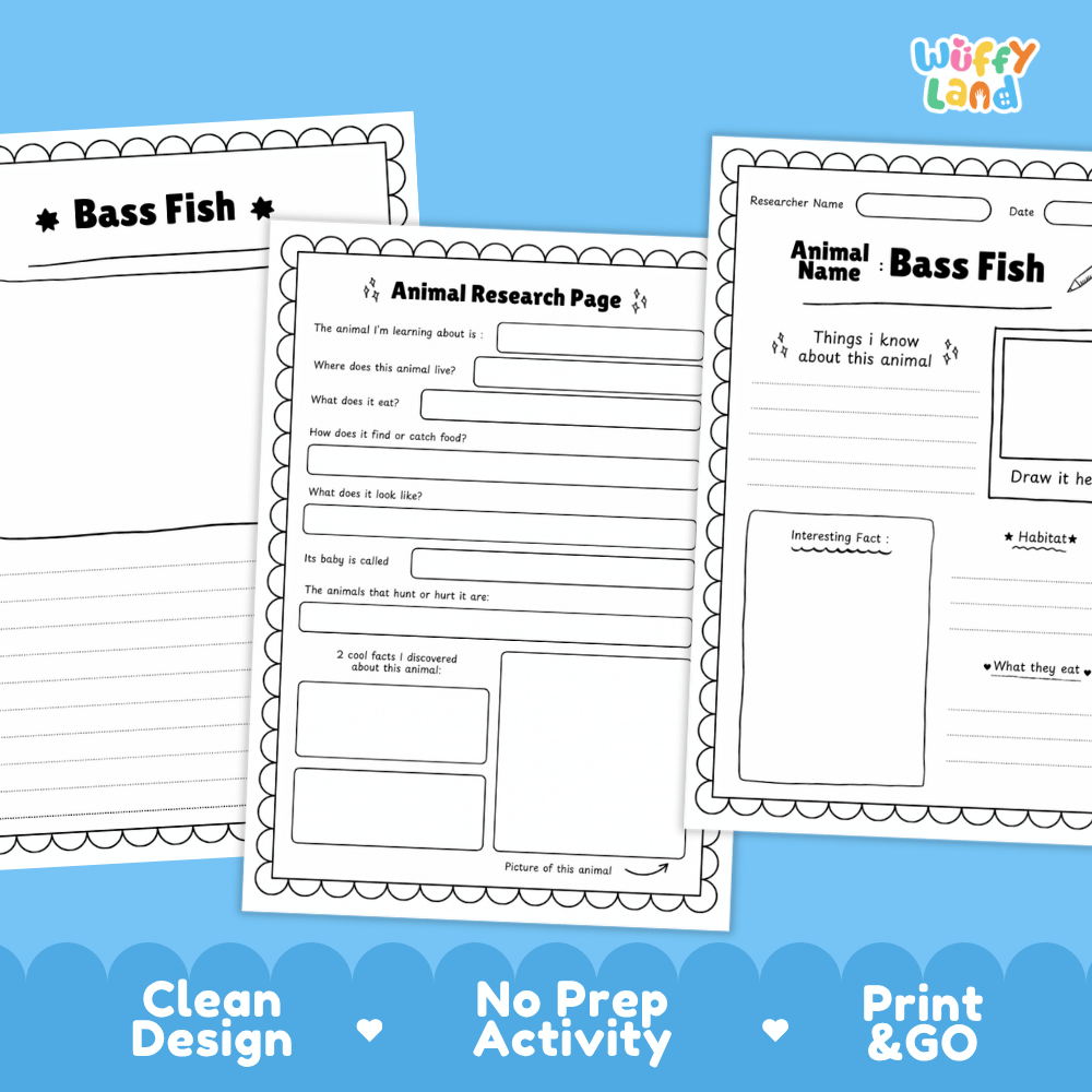 Bass Fish Animal Research Page and Worksheets