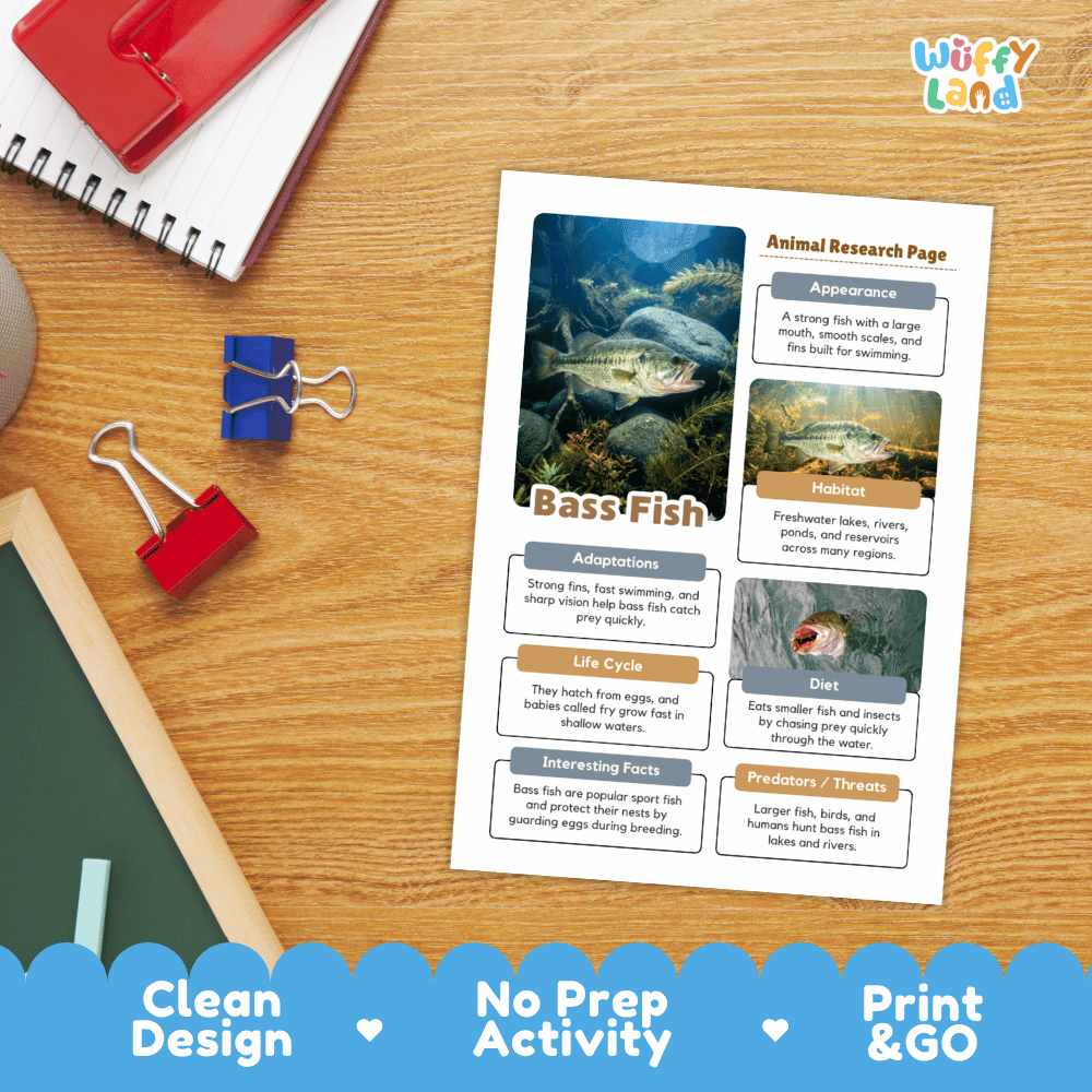 Bass Fish Animal Research Page and Worksheets