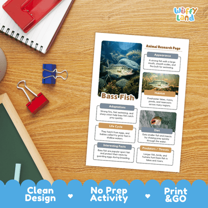 Bass Fish Animal Research Page and Worksheets