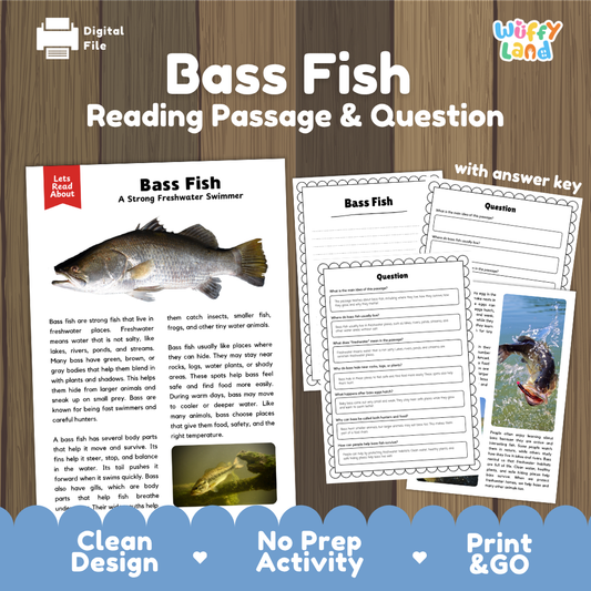 Digital reading activity product for 'Bass Fish' featuring a reading passage, worksheet question pages, and an answer key, displayed on a wood background with promotional text at the bottom.