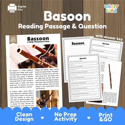 Bassoon reading comprehension passage and questions printable activity pack with answer key for elementary students