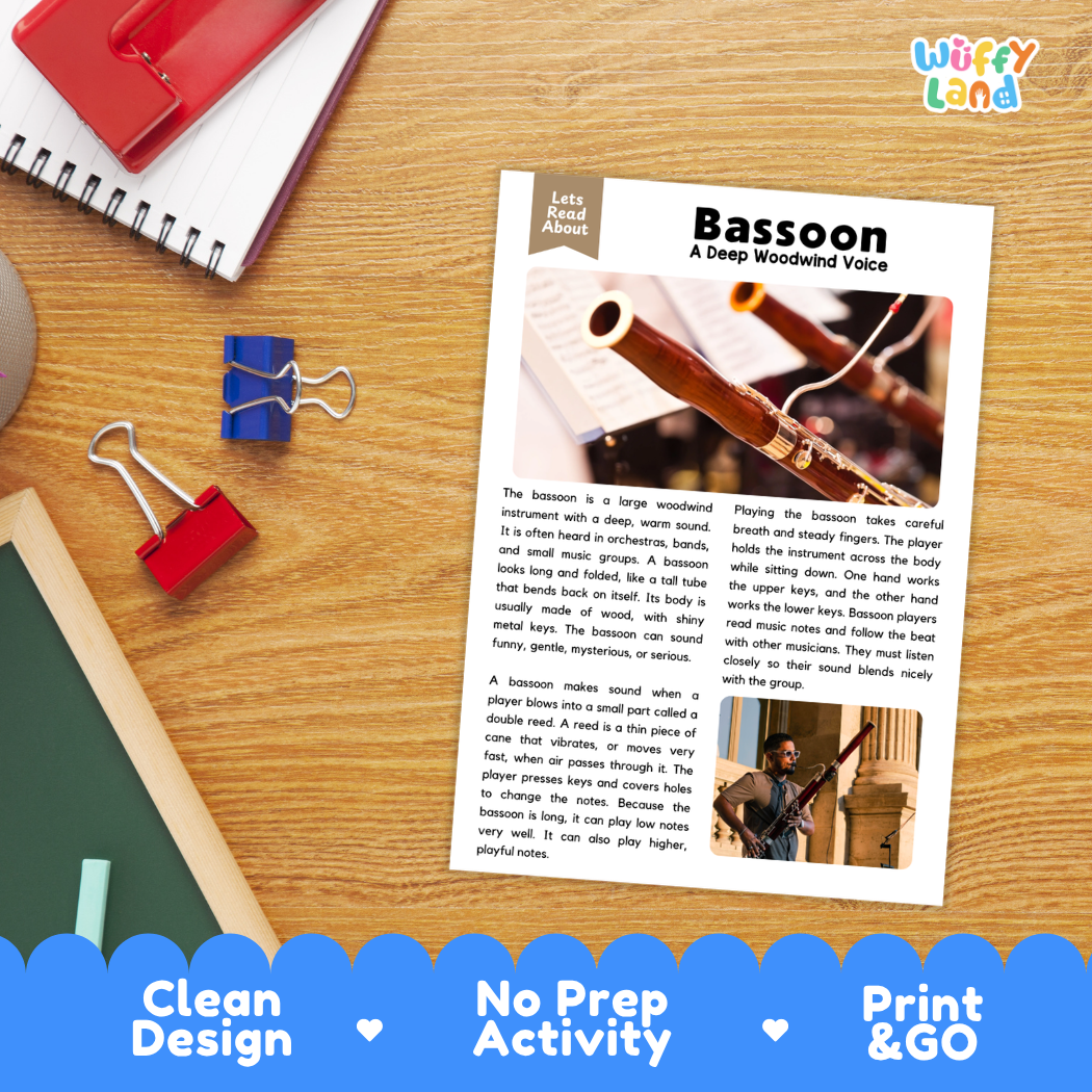 Student reading comprehension worksheet with short-answer questions and lined sections about the bassoon