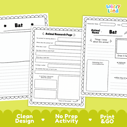 Bat Animal Research Page Worksheets