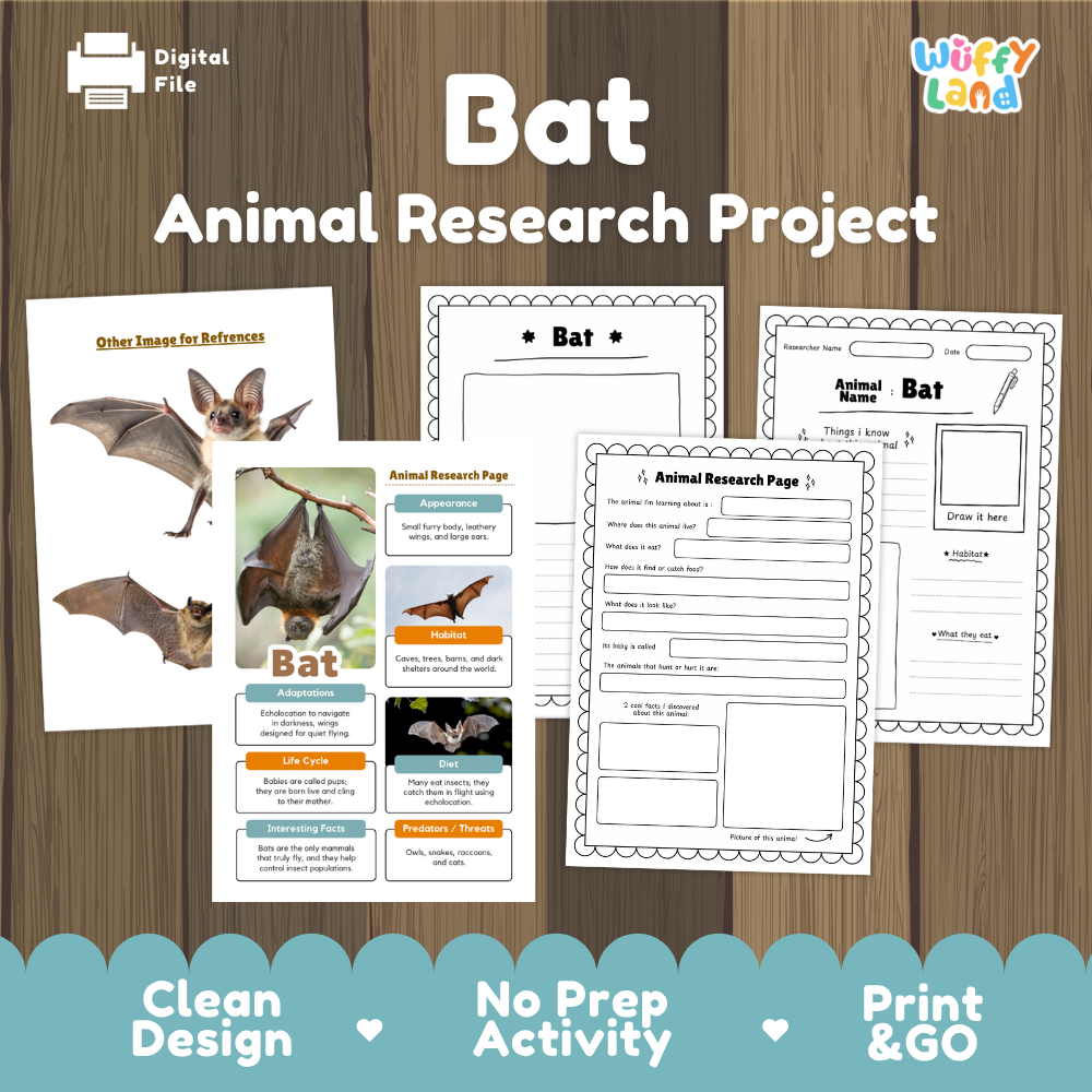 Digital file preview for a 'Bat Animal Research Project' educational worksheet set by Wiffy Land, displayed on a wood-grain background with a blue banner at the bottom highlighting key features.
