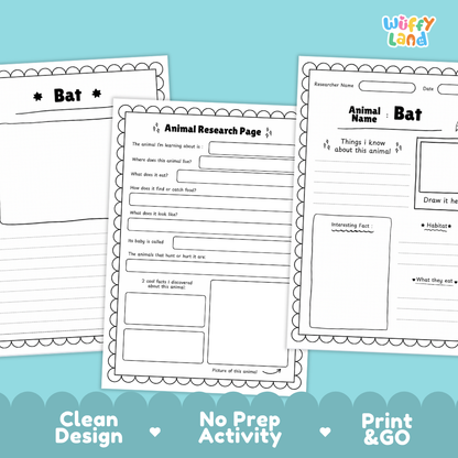 Three printable worksheet pages for a bat animal research activity, shown on a light blue background with the brand name Wiffy Land in the top right and marketing text along the bottom.
