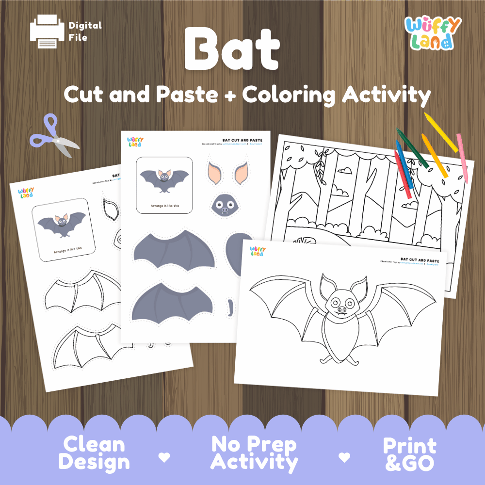Bat Cut and Paste Craft and Coloring Activity Worksheets