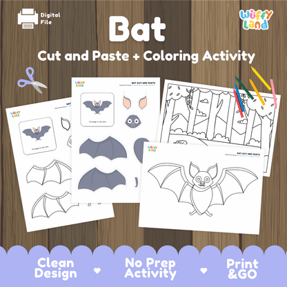 Bat Cut and Paste Craft and Coloring Activity Worksheets