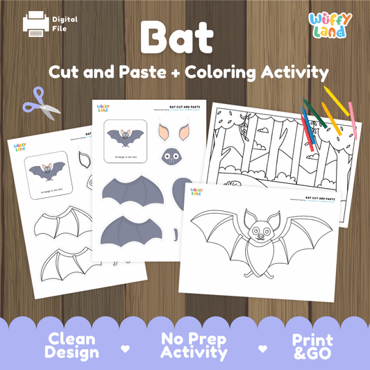 Bat Cut and Paste Craft and Coloring Activity Worksheets
