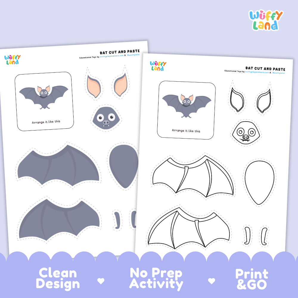 Bat Cut and Paste Craft and Coloring Activity Worksheets
