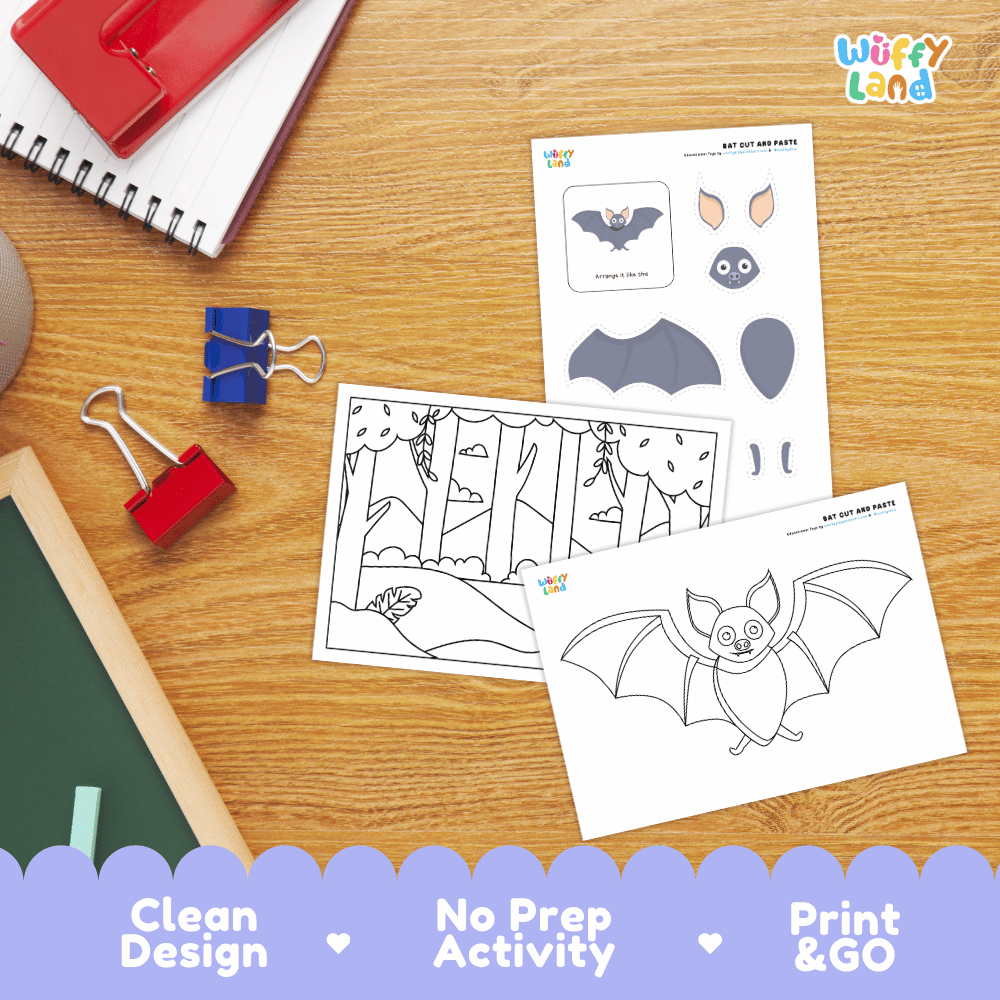 Bat Cut and Paste Craft and Coloring Activity Worksheets