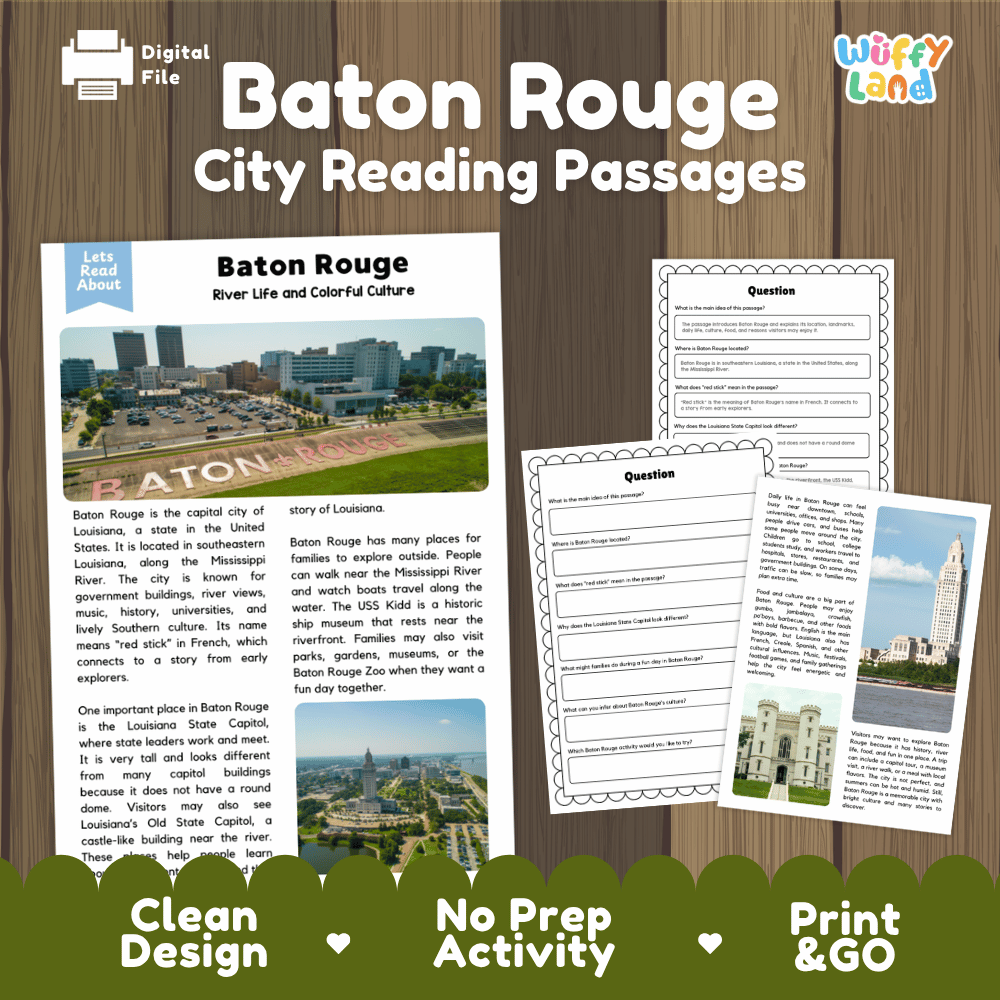 Baton Rouge city reading passages and comprehension worksheet educational unit featuring nonfiction text and authentic Baton Rouge Louisiana skyline photography