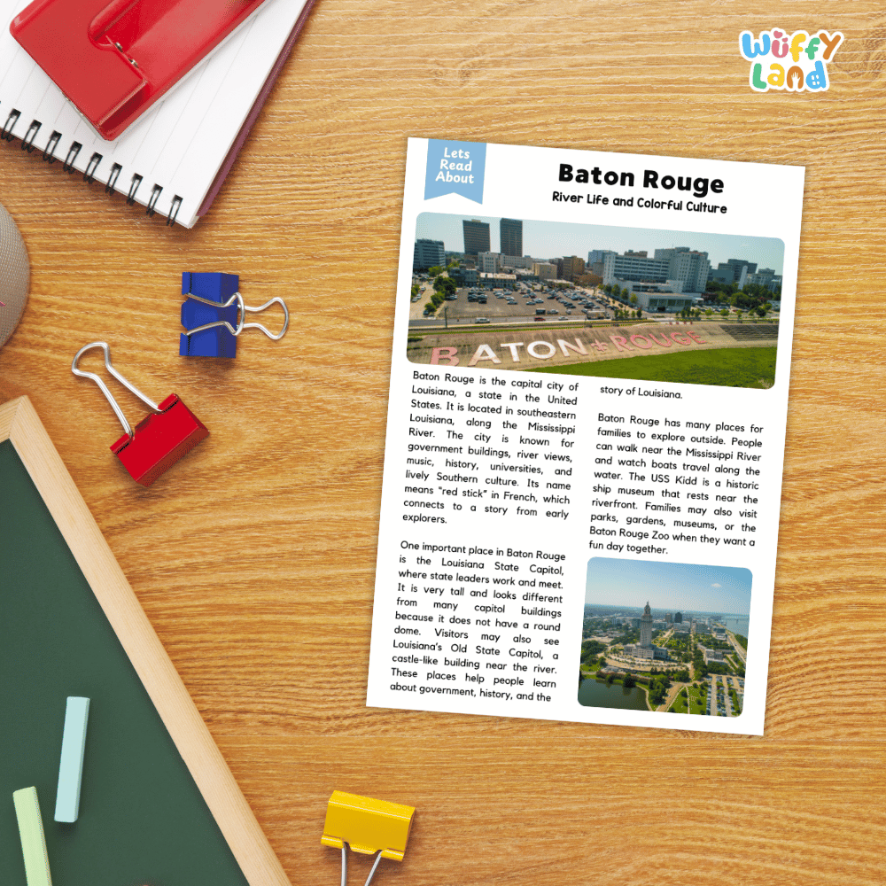 Lined reading comprehension question worksheet covering main ideas vocabulary terms and landmark facts about Baton Rouge Louisiana