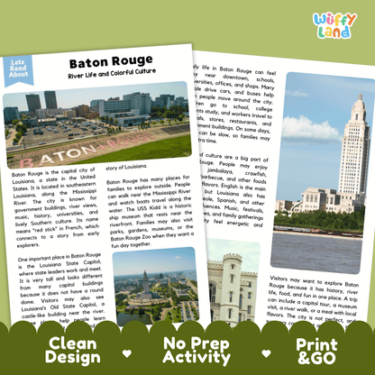 Reference sheet and answer key for Baton Rouge landmark reading passage displaying completed comprehension answers and United States geography facts