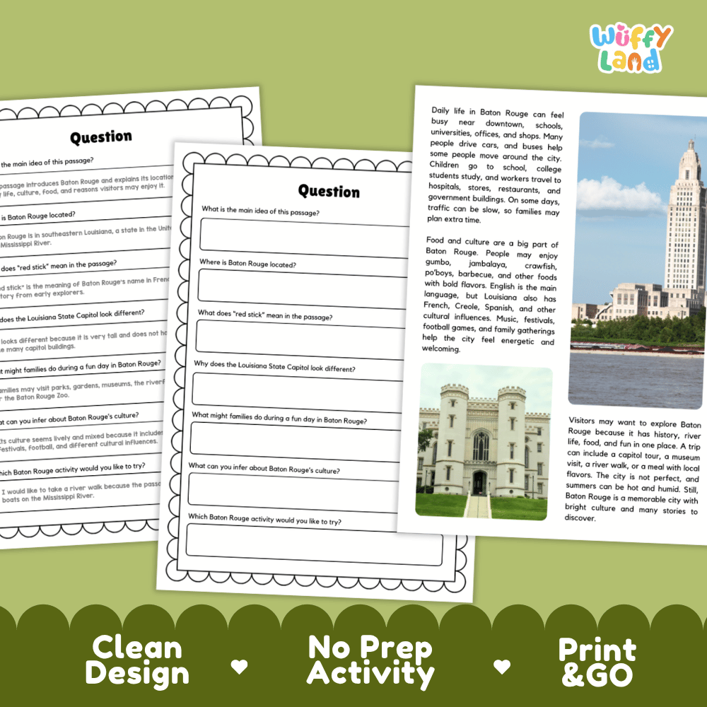 Student reading passage titled River Life and Colorful Culture detailing Baton Rouge Louisiana State Capitol gumbo and city photography