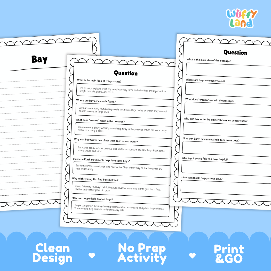 Three printable worksheet pages for a children's science activity about bays and oceans, shown on a blue background with the text 'Clean Design', 'No Prep Activity', and 'Print & GO'. The pages include headings like 'Bay', 'Question', and 'Question 2' with short text prompts.