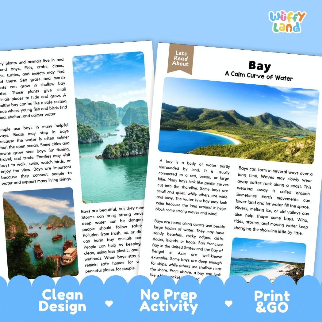 A printed activity sheet titled 'Wuffly Land' with a 'Let's Talk About Bay' heading, showing a landscape photo of a bay, a small boat on water, and text sections about bays. The sheet is photographed on a light gray background with a slight shadow.