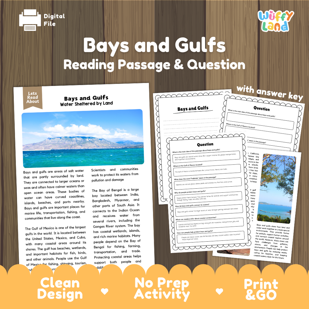 Bays and Gulfs reading comprehension passage and questions printable activity pack with answer key for elementary students