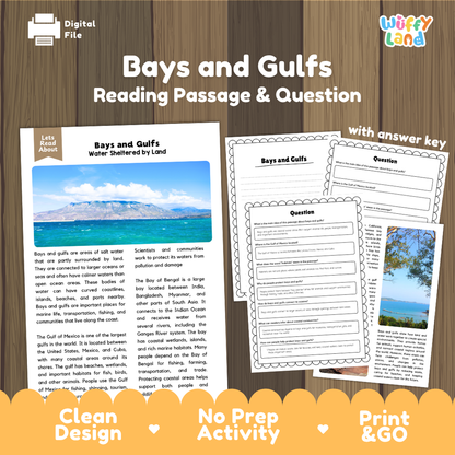 Bays and Gulfs reading comprehension passage and questions printable activity pack with answer key for elementary students
