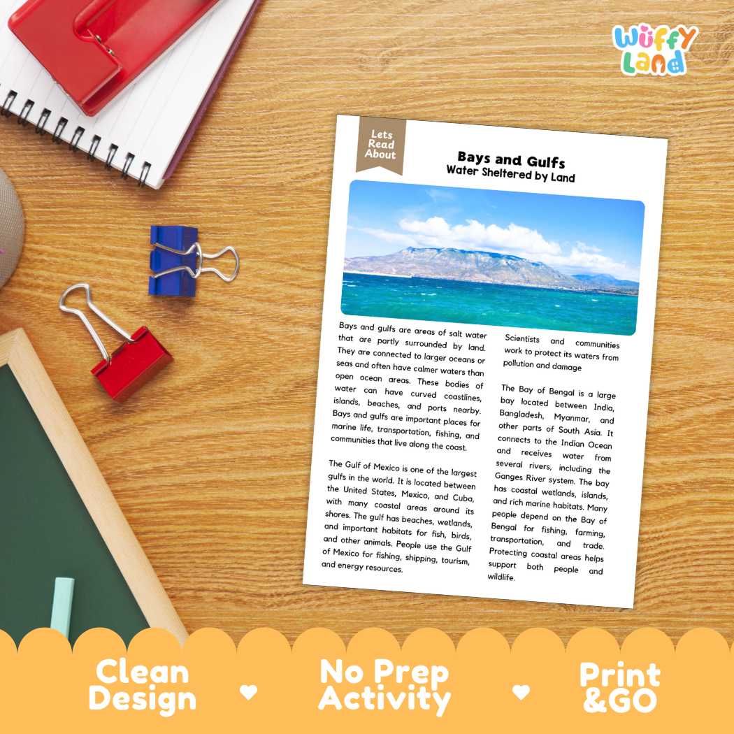 Student reading comprehension worksheet with short-answer questions and lined sections about bays and gulfs of the world