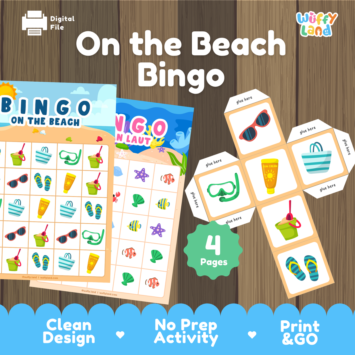 Beach-themed printable bingo activity sheets and matching cards displayed on a wood background, with text reading 'On the Beach Bingo' and '4 Pages'.