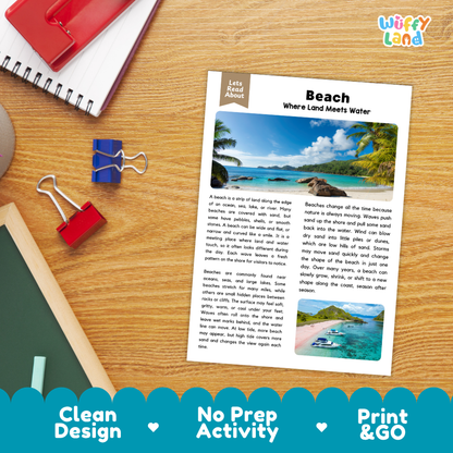 Beach Reading Passage and Comprehension Questions with Answer Key Worksheets