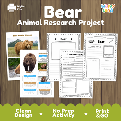 Clean design no prep print and go bear forest mammal wildlife animal life cycle study printable PDF pack for elementary science