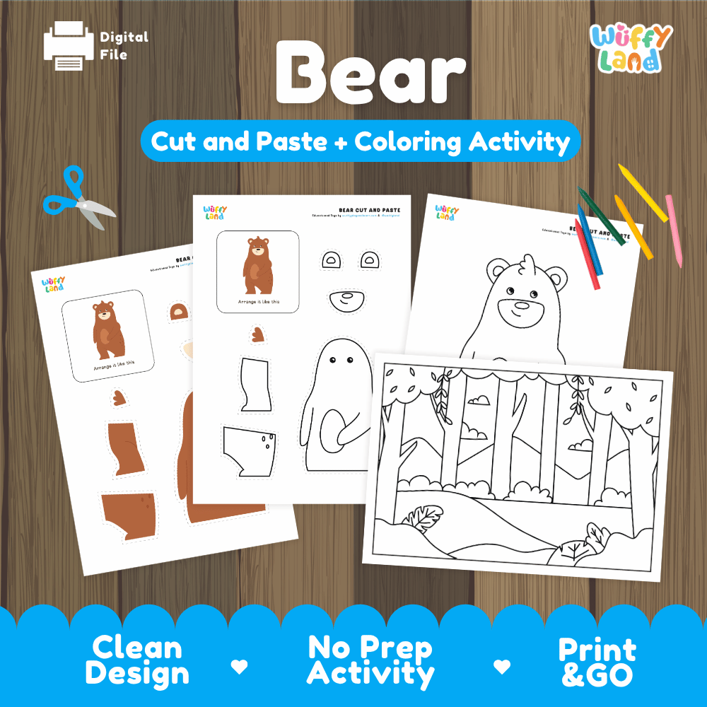 Bear Cut and Paste Coloring Activity Worksheets