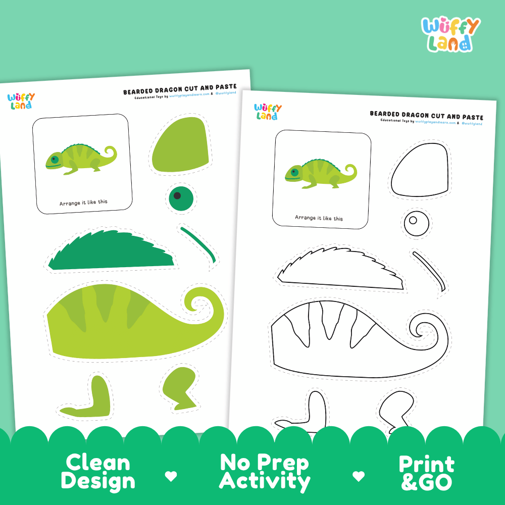 Bearded Dragon Cut and Paste Craft and Coloring Activity Worksheets