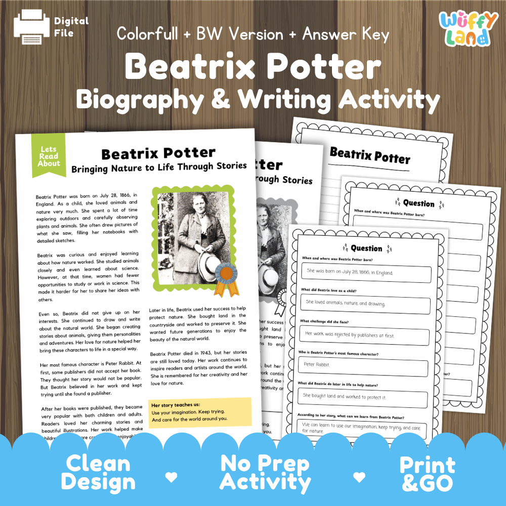 Digital printable activity sheet set titled 'Beatrix Potter Biography & Writing Activity' shown on a wood background with multiple worksheet pages and an answer key. The top banner reads 'Colorful + BW Version + Answer Key' and the brand 'Uffy Land' appears in the upper right.