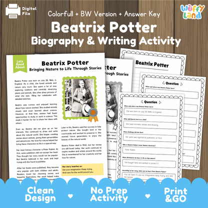 Digital printable activity sheet set titled 'Beatrix Potter Biography & Writing Activity' shown on a wood background with multiple worksheet pages and an answer key. The top banner reads 'Colorful + BW Version + Answer Key' and the brand 'Uffy Land' appears in the upper right.
