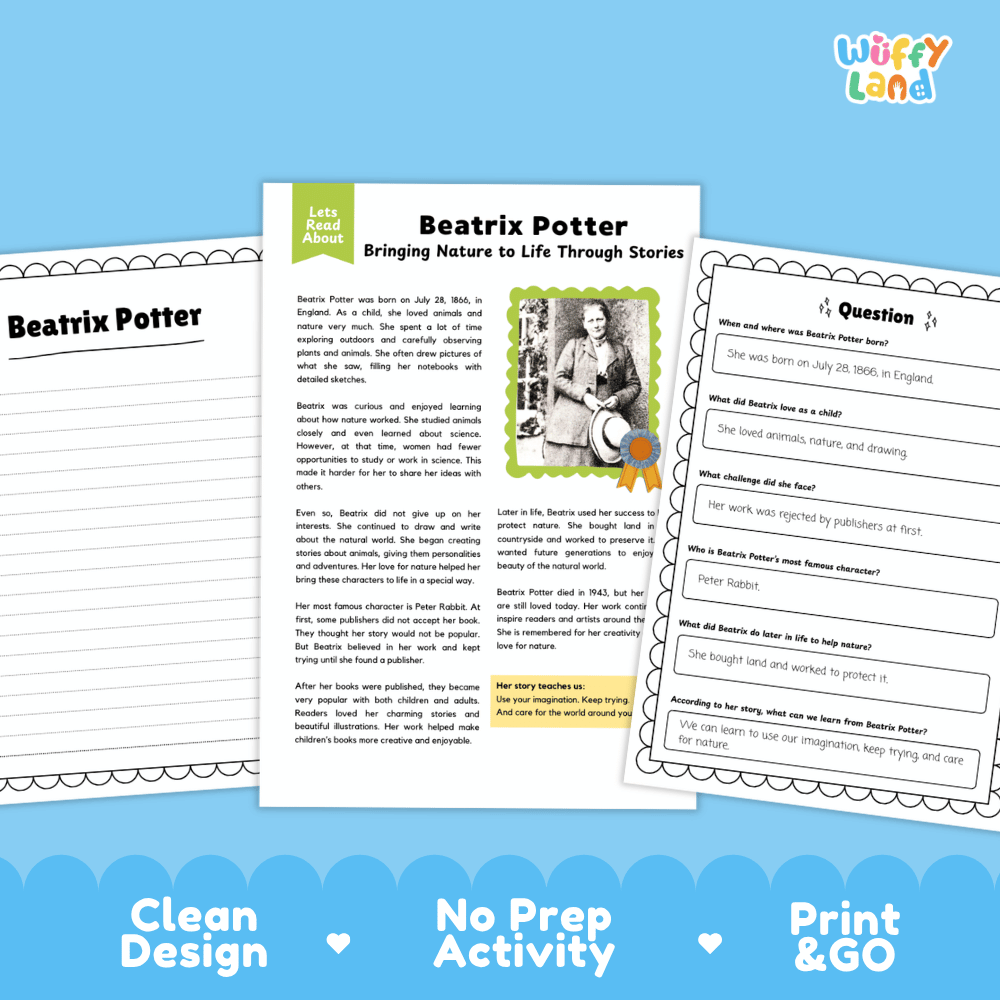 Three printable activity sheets for a Beatrix Potter themed educational resource, displayed on a light blue background with the brand name 'Wiffly Land' in the top right corner.
