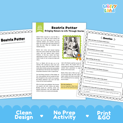 Three printable activity sheets for a Beatrix Potter themed educational resource, displayed on a light blue background with the brand name 'Wiffly Land' in the top right corner.