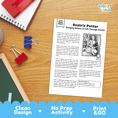 A printed reading activity sheet titled 'Beatrix Potter Bringing Nature to Life Through Stories' lies on a wooden desk, surrounded by school supplies including a spiral notebook, red binder clips, and a green pen. The sheet has a white background with black text, a small black-and-white photo, and a decorative border.