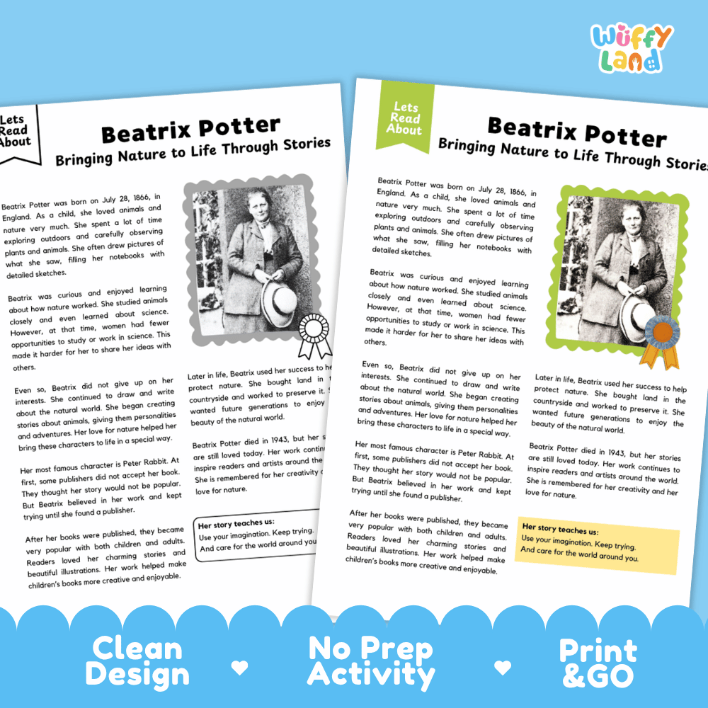 Two educational activity sheets about Beatrix Potter from the brand Wuffly Land, displayed side-by-side on a white background with a blue and white banner at the bottom reading 'Clean Design', 'No Prep Activity', and 'Print & Go'.