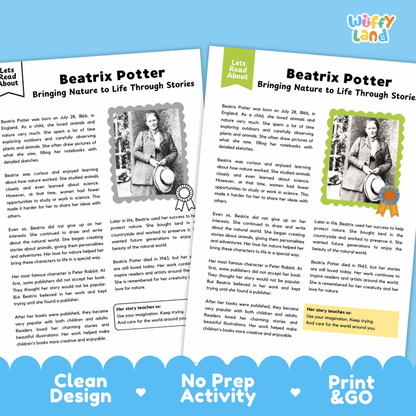 Two educational activity sheets about Beatrix Potter from the brand Wuffly Land, displayed side-by-side on a white background with a blue and white banner at the bottom reading 'Clean Design', 'No Prep Activity', and 'Print & Go'.