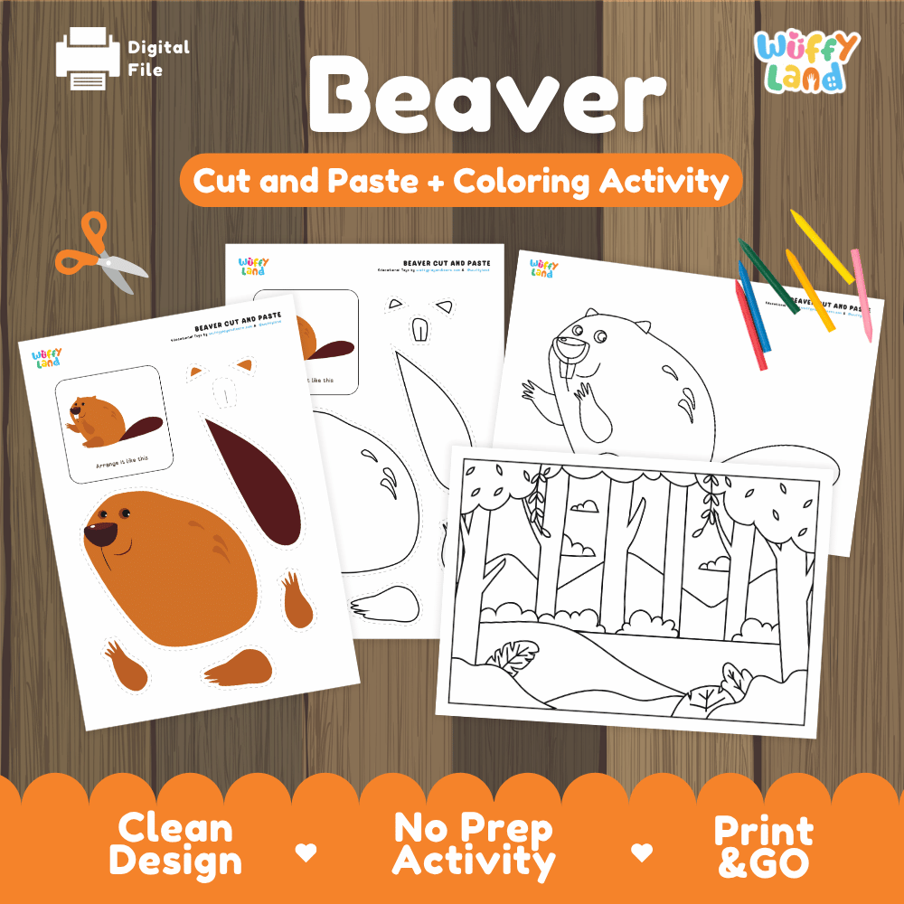 Beaver Cut and Paste Craft and Coloring Pages Activity Worksheets