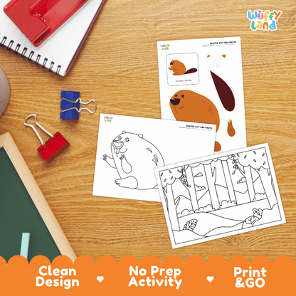 Beaver Cut and Paste Craft and Coloring Pages Activity Worksheets