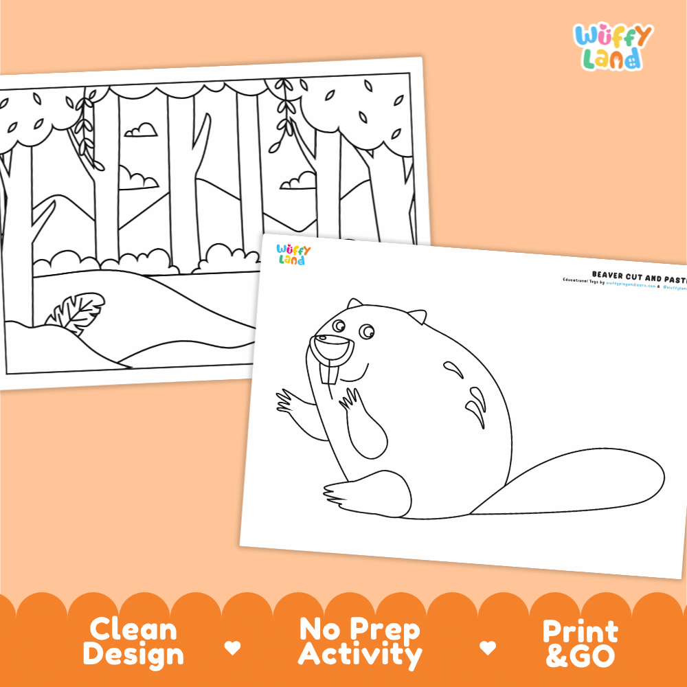 Beaver Cut and Paste Craft and Coloring Pages Activity Worksheets