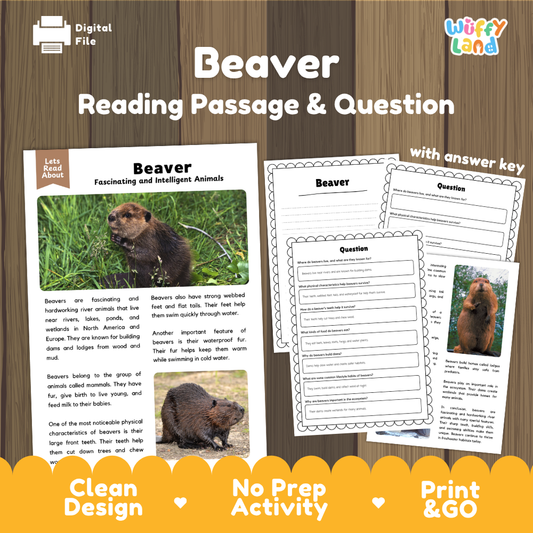 Beaver reading passage and worksheet activity sheet set on a wood background, featuring a printed passage with a beaver photo, answer key pages, and promotional text including 'Digital File' and 'Print & GO'.