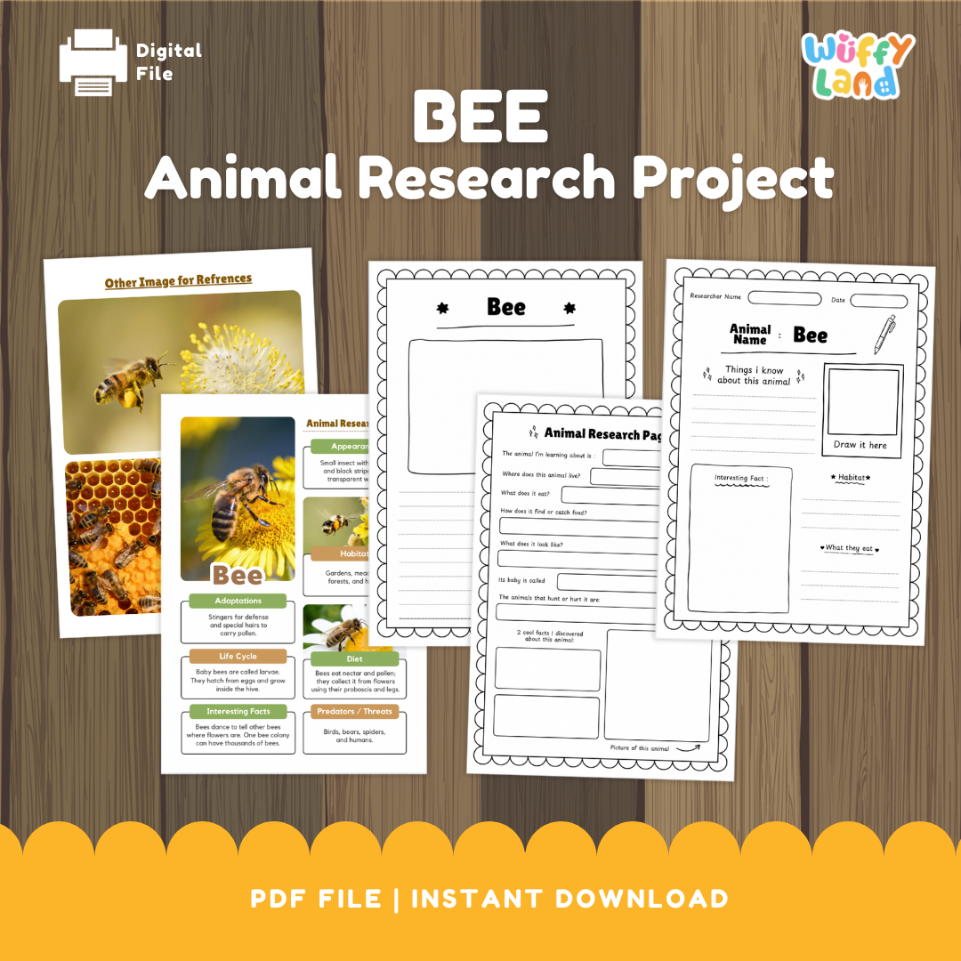 Classroom printable pack titled “Bee Animal Research Project” displayed on a wooden background. The set includes photo reference pages showing bees on flowers and honeycombs, along with black-and-white worksheets for students to record information about bees’ appearance, habitat, diet, life cycle, adaptations, and threats. The worksheets include spaces for writing, drawing, and listing interesting facts.