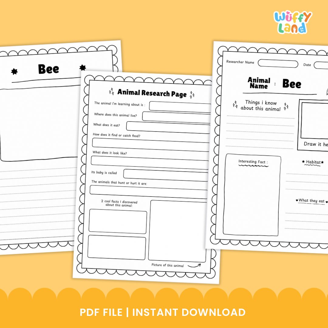 Classroom printable pack titled “Bee Animal Research Project” displayed on a wooden background. The set includes photo reference pages showing bees on flowers and honeycombs, along with black-and-white worksheets for students to record information about bees’ appearance, habitat, diet, life cycle, adaptations, and threats. The worksheets include spaces for writing, drawing, and listing interesting facts.