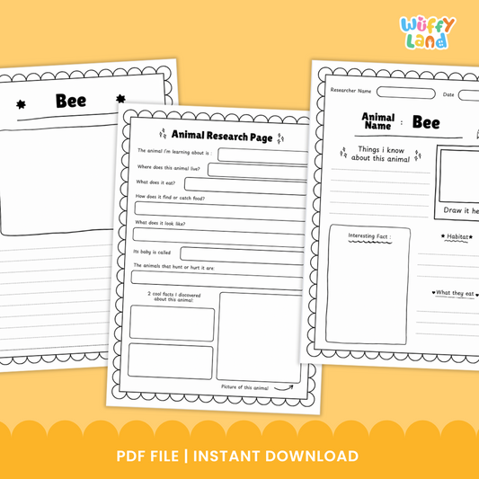 Classroom printable pack titled “Bee Animal Research Project” displayed on a wooden background. The set includes photo reference pages showing bees on flowers and honeycombs, along with black-and-white worksheets for students to record information about bees’ appearance, habitat, diet, life cycle, adaptations, and threats. The worksheets include spaces for writing, drawing, and listing interesting facts.