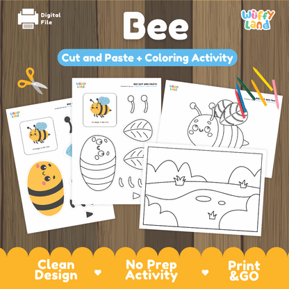 Bee Cut and Paste Coloring Activity Worksheets