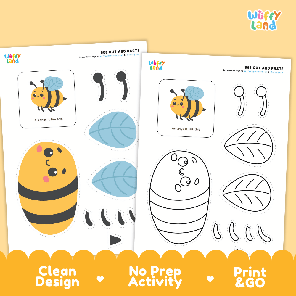 Bee Cut and Paste Coloring Activity Worksheets