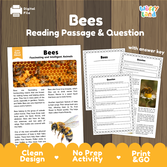 Digital reading activity sheet set about bees, shown on a wood background with promotional text. The image includes a sample bee reading passage with images, worksheet pages with blank question areas, and a 'Wiffly Land' brand logo in the top right.