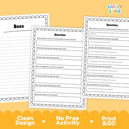 Three printable worksheet pages for a bee-themed educational activity, displayed on a warm yellow background with decorative text reading 'Clean Design', 'No Prep Activity', and 'Print & GO'. The pages include blank lines labeled 'Bee:' and short text prompts under the headings 'Question' and 'What is a bee?'.