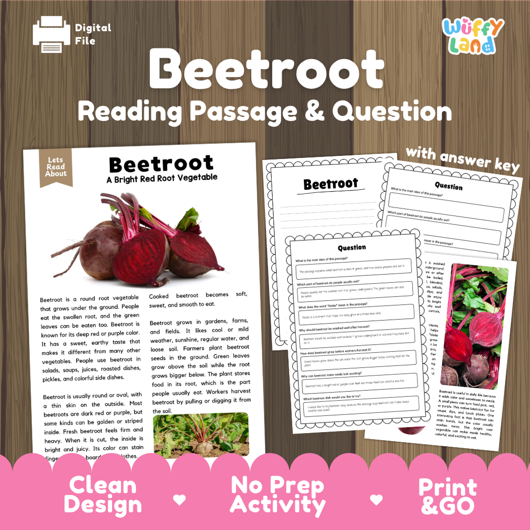 Beetroot reading comprehension passage and questions printable activity pack with answer key for elementary students