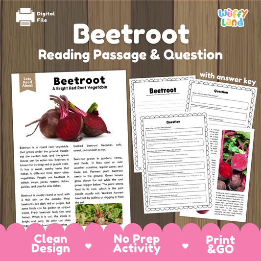 Beetroot reading comprehension passage and questions printable activity pack with answer key for elementary students